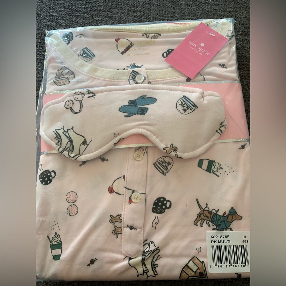 Pink Kate Spade Christmas pajama set with eye mask brand new with tags